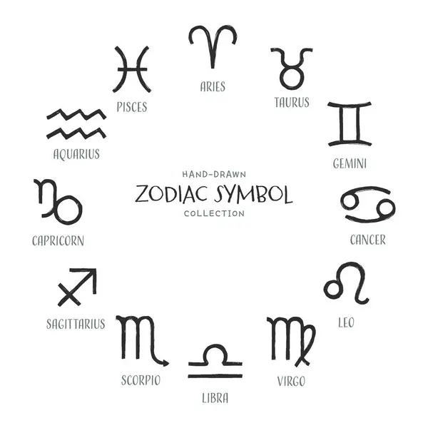 Set Van Twaalf Zwart Wit Handgetekende Symbolen Die Astrologische Dierenriemtekens — Stockvector