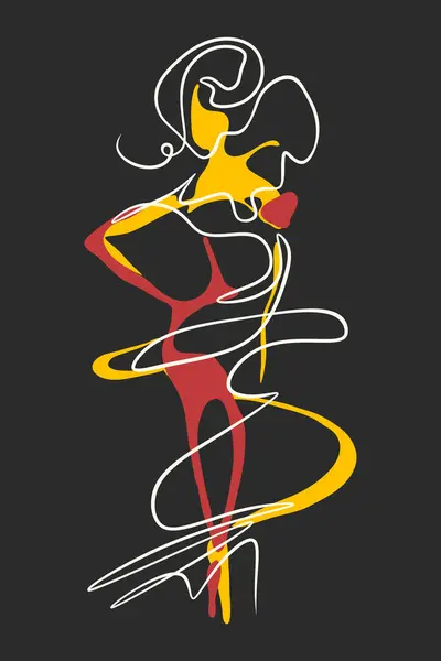 어두운 배경에 빨간색과 노란색 악센트와 여자의 실루엣의 미니멀 — 스톡 벡터