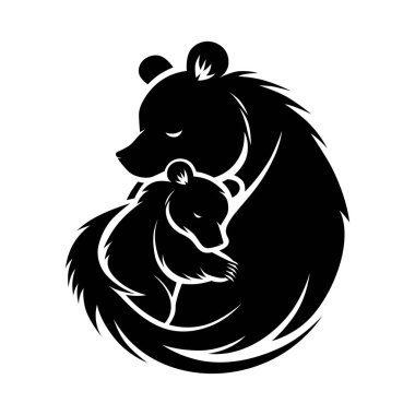 Yavrusunu kucaklayan anne ayının siyah beyaz çizimi.