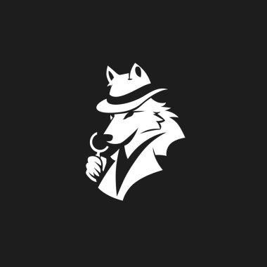 Şapka takan ve elinde büyüteç tutan siyah beyaz bir kurt logosu..