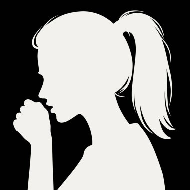 Siyah siluet profili, uzun saçlı, sırtı bağlı genç bir kadının eline öksürmesi.