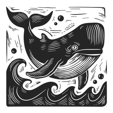 Dalgaların içinden atlayan bir balinanın siyah ve beyaz ahşap kesimi..