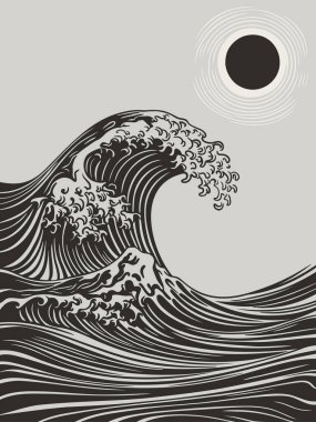 Denize çarpan dramatik siyah ve beyaz bir dalga, üzerinde koyu bir güneş var..