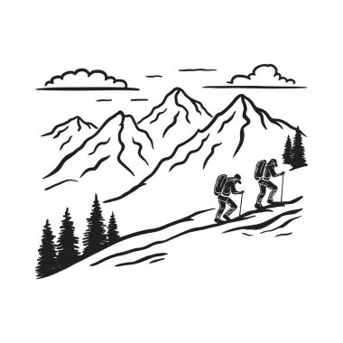 Dik bir dağ yolunda yükselen iki yürüyüşçünün siyah ve beyaz çizimi.