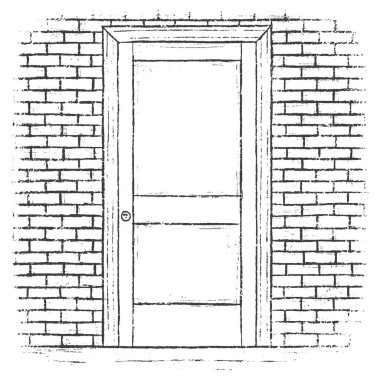 Tuğla duvarda kapı kolu olan basit, kapalı bir kapı..