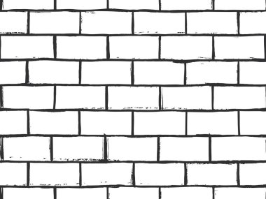 Tuğla bir duvarın kusursuz deseni. Kaba, dokulu çizgileri olan basit, siyah ve beyaz bir şekilde çizilmiş.