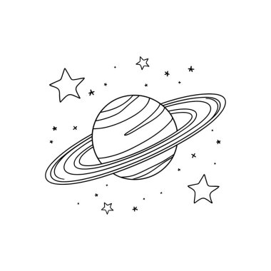 Satürn 'ün minimalist çizgi çizimi, halkaları olan bir gezegen, beyaz arka planda yıldızlarla çevrili..