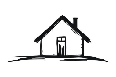 El çizimi ev çizimi, sunumlu çatı, baca, pencere ve kapı..