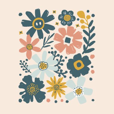 Mavi, pembe ve sarı tonlarında çeşitli el boyalı çiçek ve yapraklar içeren renkli bir illüstrasyon.