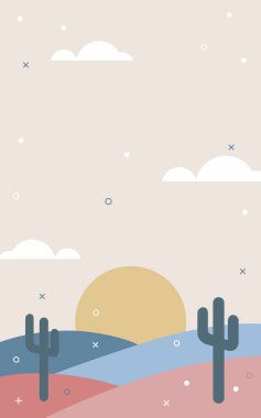 Kaktüs ve güneşli basit ve minimalist çöl manzarası.