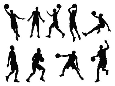 Siyah basketbol oyuncularının hareket halindeki siluetleri: top sürmek, atış yapmak, pas atmak ve smaç basmak. Spor tasarımları için uygun.