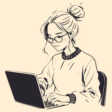 Laptop 'ta Çalışan Odaklanmış Genç Kadın - Çizgi Sanatı İllüstrasyonu.