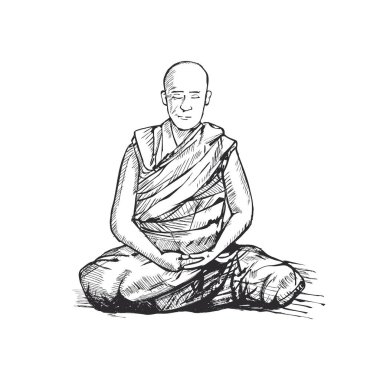 Bir el çizimi, çapraz bacaklı bir pozisyonda oturan bir keşişi meditasyon halinde tasvir ediyor..