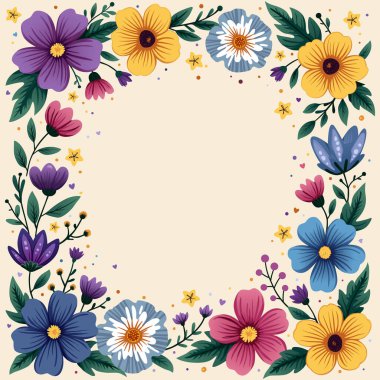 Çeşitli Çiçekler ve Yapraklarla Renkli Çiçek Sınırı.