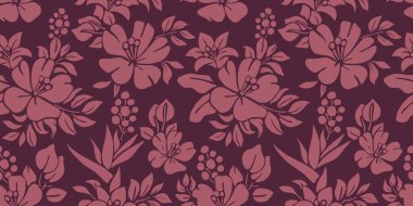 Maroon Arkaplanda Pembe Hibiscus desenli kusursuz çiçek deseni.