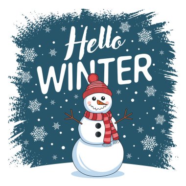 Kırmızı Şapkalı Neşeli Kardan Adam ve Kış Sahnesinde Atkı.