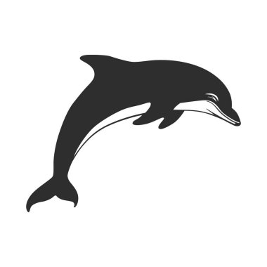 Silhouette of a dolphin, rendered in a solid dark color against a clean white backdrop. clipart