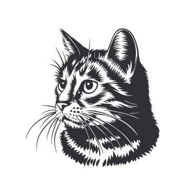 Beyaz arka planda koyu renkli bir siluetle tasvir edilmiş bir kedi kafası tasviri.