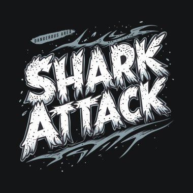 SHARK Saldırısı grafiği, dinamik dalga benzeri elementlere sahip kalın ve sıkıntılı bir yazı tipi ve koyu arkaplan üzerindeki sıçrama efektleri.