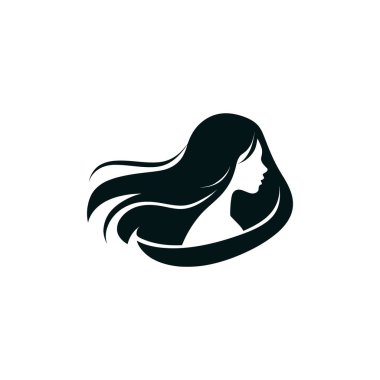 Modelleşmiş, dalgalı saçlı bir kadın siluetinin monokrom grafik tasviri.