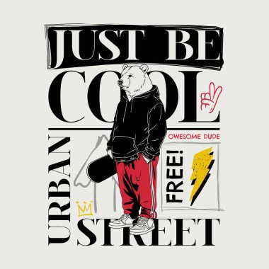 Sokak giysisi giymiş, kapüşonlu, pantolonlu ve spor ayakkabılı bir ayının tasviri..