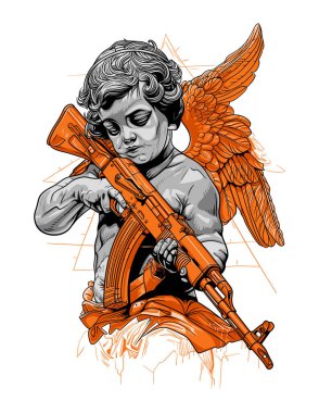 Turuncu aksanlı monokromatik bir şekilde yapılmış saldırı tüfeği tutan bir meleğin gerçeküstü çizimi..