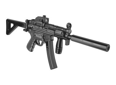 MP5 hafif makineli tüfek tasviri, karmaşık çizgi çalışması ve gölgeleme içeriyor.