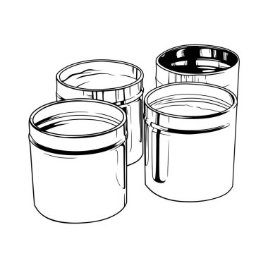 Dört boş metal boya kutusunun siyah beyaz çizgili çizimi.