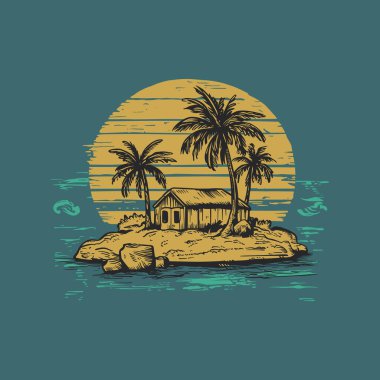 Scenic tropical island featuring a hut, palm trees, and a peaceful sunset ambiance.