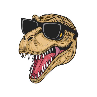 Parlak güneş gözlüklü bir dinozor kafası, geniş bir ağzı ve canlı renkleri var..