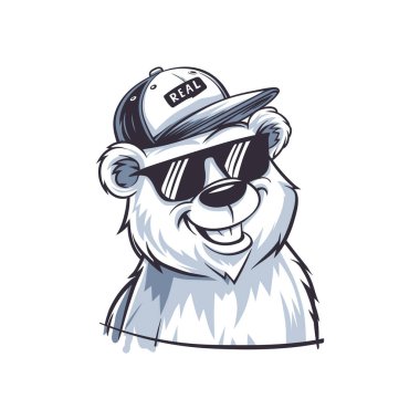 Şık güneş gözlükleri ve modaya uygun bir şapkası olan oyuncu ayı çizgi filmi..