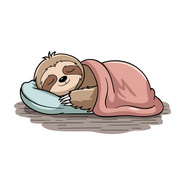 A cute cartoon sloth peacefully sleeping on a blue pillow, wrapped in a cozy pink blanket.