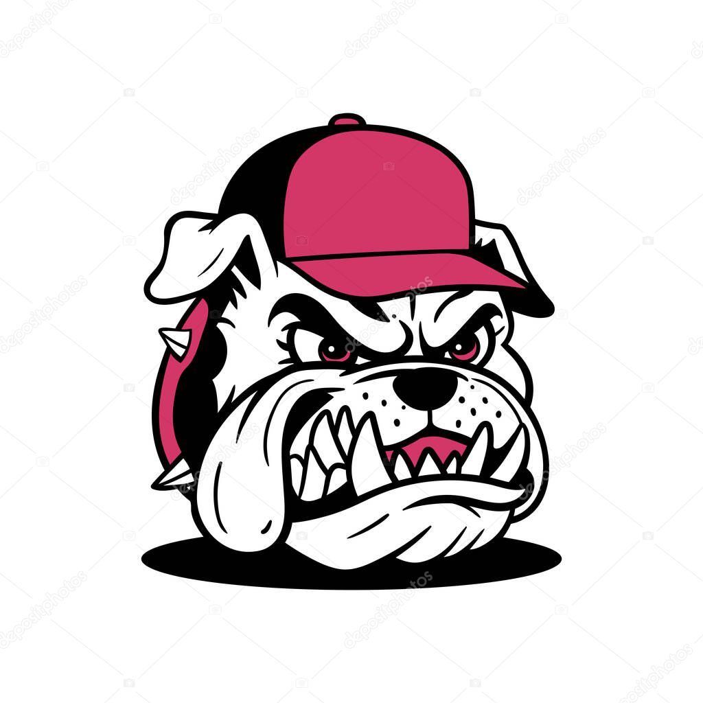 Bulldog illustration with a snarling expression, wearing a red baseball cap and a spiked collar.