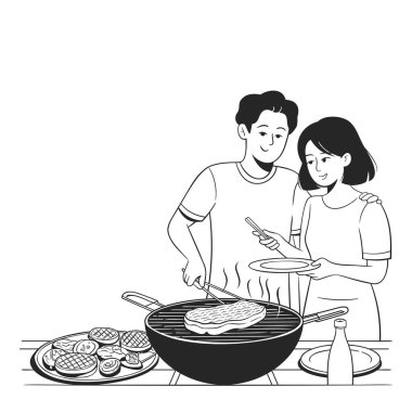 Izgarada ızgara yapan bir çiftin siyah-beyaz çizimi, barbekü ızgarası ve çeşitli pişirme aletleri.