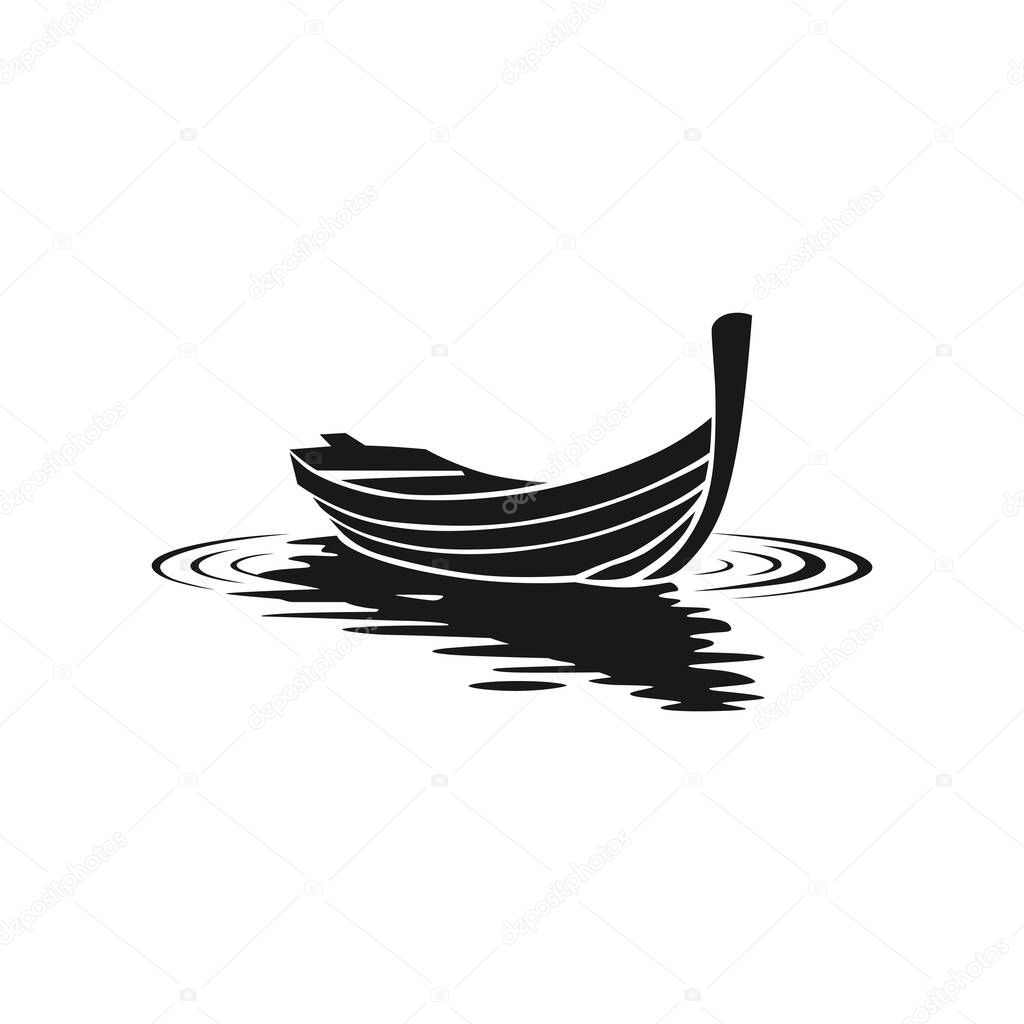 Simple black silhouette of a small boat floating on water with gentle ripples.