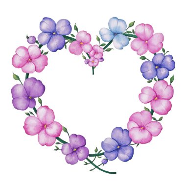 Çiçekli kalp çerçevesi pembe, mor ve mavi suluboya çiçekleri.
