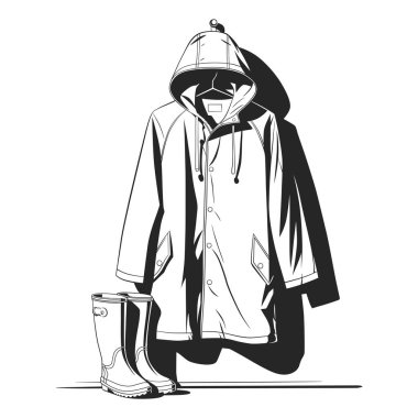 Yağmurluk ve lastik çizmelerin siyah beyaz çizimi.