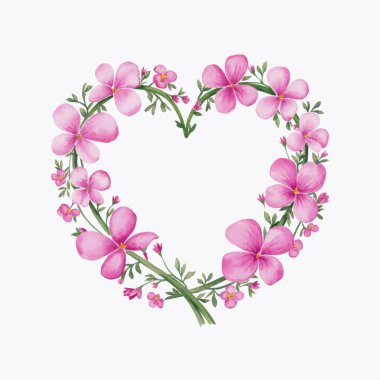 Renkli pembe çiçekleri ve yaprakları olan romantik bir kalp..