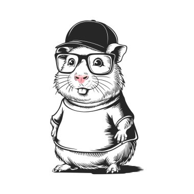 Tatlı hamster çizgi film karakteri gözlüklü, şapkalı ve tişörtlü, dik duruyor..