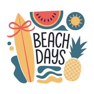 Sörf tahtası, karpuz, güneş, dalga ve ananas ile yaz eğlencesi illüstrasyonu.