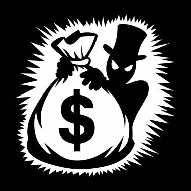 Silindir şapkalı uğursuz siluet içinde bir dolar işareti olan büyük bir para çantası çalıyor..