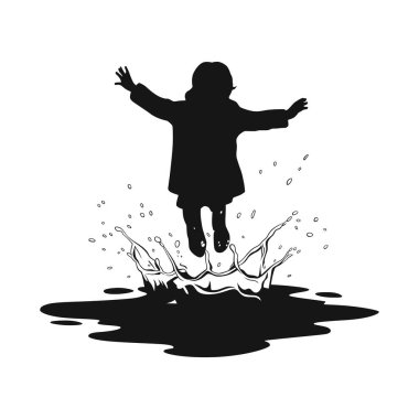 Su birikintisine atlayan bir çocuğun tek renkli silueti..