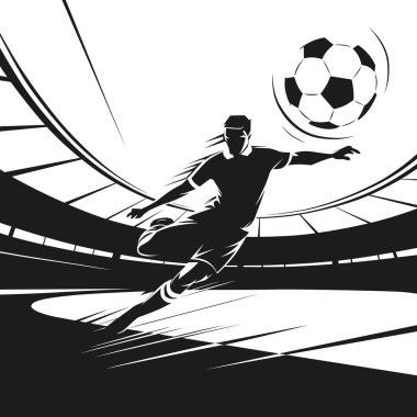 Stadyumda top tekmeleyen bir futbolcunun tek renkli silueti..