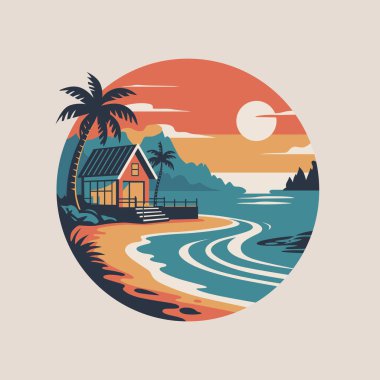 Güneş batarken tropik sahil evi palmiye ağaçları ve okyanus dalgalarıyla.