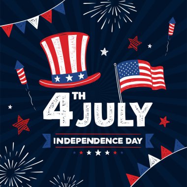 ABD Bağımsızlık Günü tasarımı ikonik semboller ve şenlikli dekorasyonlar.