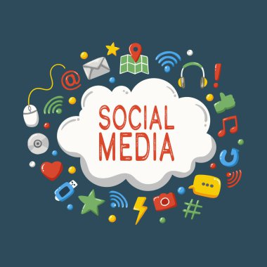 Renkli internet ve sosyal ağ simgeleri ile çevrili 