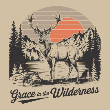 Ormanda bir geyiğin geçmişe dönük grafikleri çizgili bir güneşe karşı, açık hava teması için mükemmel..