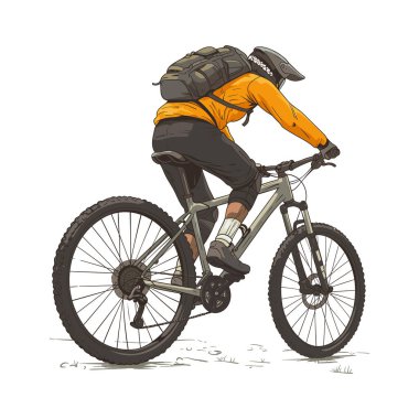 Tam teçhizatlı bir dağ bisikletçisinin dinamik çizimi, orta pedalda yakalandı..