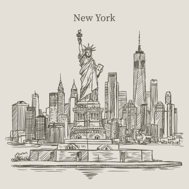 Özgürlük Anıtı 'nın yer aldığı ikonik New York şehrinin siluetinin el çizimi..