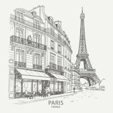 Uzakta ikonik Eyfel Kulesi olan büyüleyici bir Paris sokak sahnesinin el çizimi..